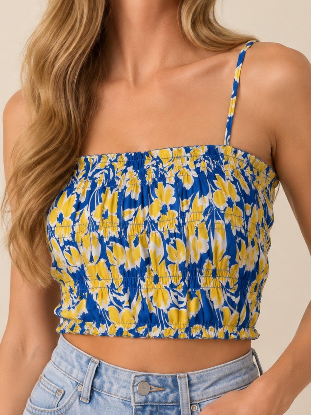 Davi & Dani Size L Yellow Blue Floral Cami Tank Top Ruffle Square Neck
